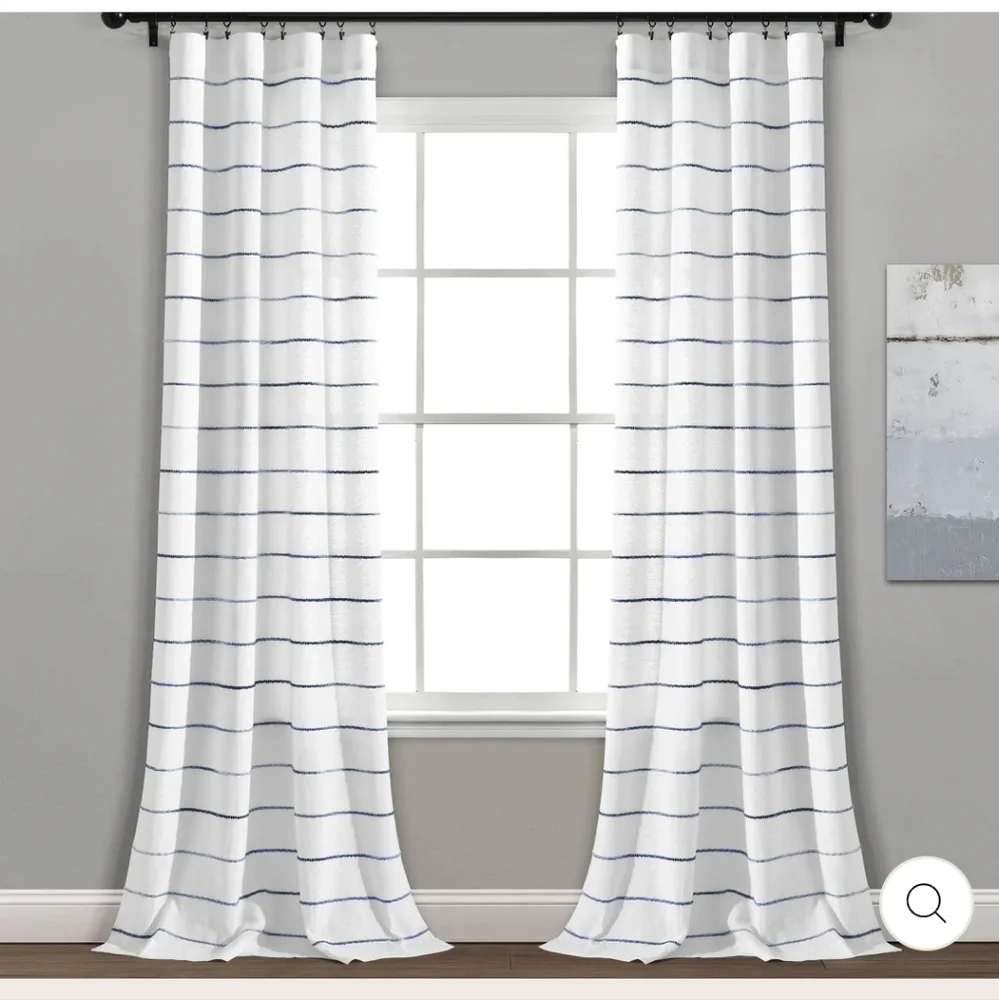 New! Lush Decor Ombre Stripe White Blue to Gray Accent Trim 2 Panel Set Curtains